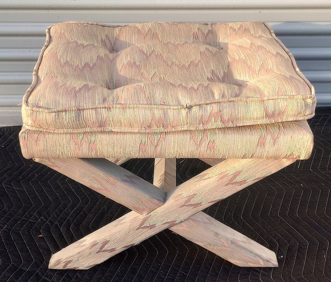 Vintage Mid Century X Bench Upholstered Tufted Ottoman Stool Etsy