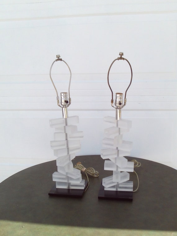 Pair of Vintage Frosted Square Chunky Lucite Table Lamps W Lucite