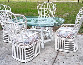 Vintage Rare 4 High Wing Back Bent Bamboo Armchairs Dining Set