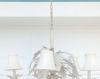 Vintage Mid Century 5 Arm Tole Style Palm Leaf Chandelier