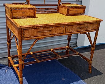 British Colonial Pagoda Tortoise Shell Burnt Bamboo Campaign Writing Desk