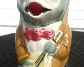 Antique Majolica Cat With Mandolin Porcelain Pitcher Mug Orchies
