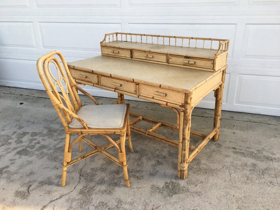 Vintage Mid Century Boho Bohemain Burnt Bamboo Writing Desk Etsy