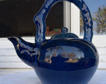 Vintage Mid Century Unique Blue Stoneware Long Handle Tea Pot