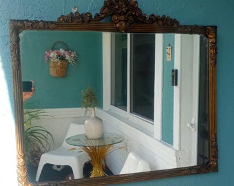 Antique 1940's Elegant Floral Ornate Gold Gilt Wood Frame Wall Mirror