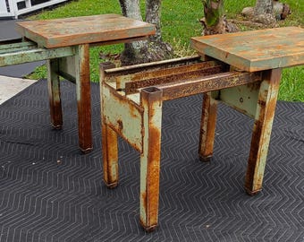 Pair Of Unique Metal Industral Farmhouse Rustic Side Table Sliding Top