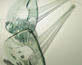 Pair Murano Rare Extra Long Clear Green Hand Blown Glass Long Stem Lilies Vases