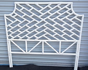 White Chinese Chippendale Rattan Full Size Headboard