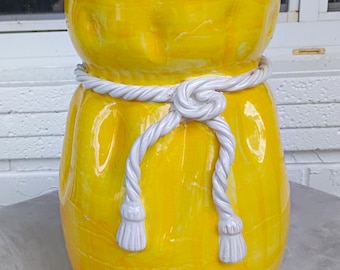 Vintage Large Italian Yellow Glazed Ceramic Cache Pot Rope Tassel Earthware