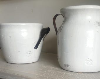 Vitage Mid Century Pair Of Unique Crocks With Metal Handles