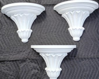 3 Italian White Fluted Wall Brackets Shelves Sconces