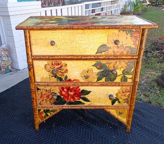 Vintage Lillian August Decoupage Floral 3 Drawer Dresser Tortoise