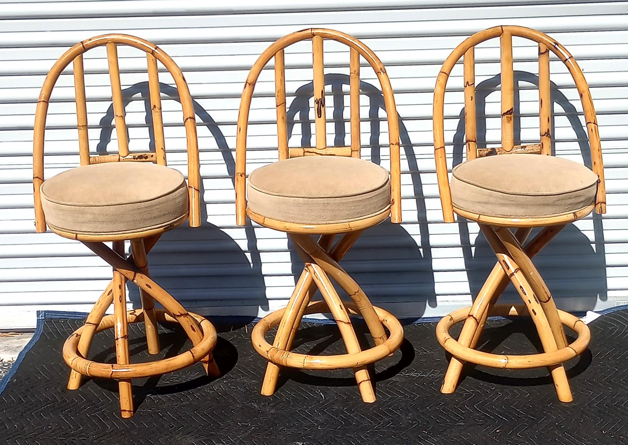 Vintage Mid Century Bamboo Rattan Set Of Swivel Bar Stools