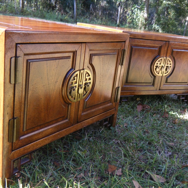 Vintage Pair Of Greek Key Fret Wood End Tables Brass Hardware