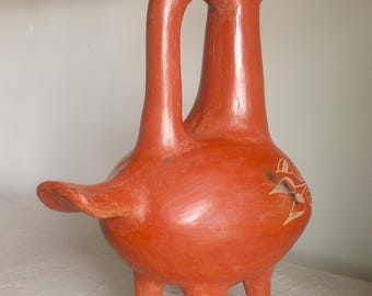 Red Duck Jug Mexican Burnt Pottery Water Vessel Jug Etched Floral