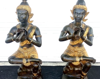 Pair Of Thai Prince Phra Aphai Mani Sitting While Playing Flute Bronze Statues