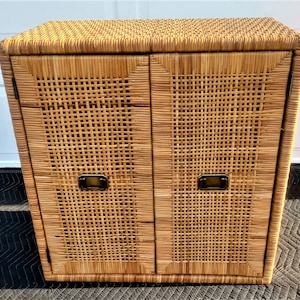 Coastal Vintage Mid Century Woven Wicker Rattan 2 Door Cabinet 1970&#39;S