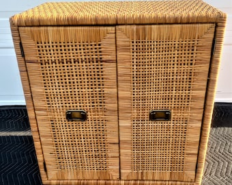 Coastal Vintage Mid Century Woven Wicker Rattan 2 Door Cabinet 1970'S