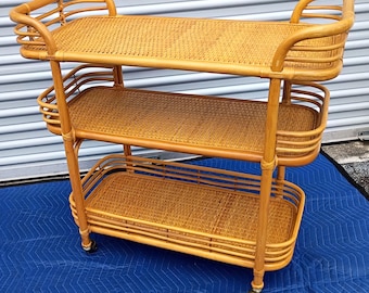 Vintage Bamboo Italian Rattan Wicker Three Tier Bar Cart On Wheels