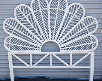White Queen Size Peacock Rattan Headboard