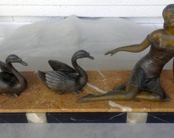 Antique 1930's Enrique Molins Balleste Lena 2 Swans Bronze Sculpture Marble Base