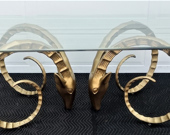 Vintage Mid Century Gold Gilt Double Ibex Rams Head Dining Table