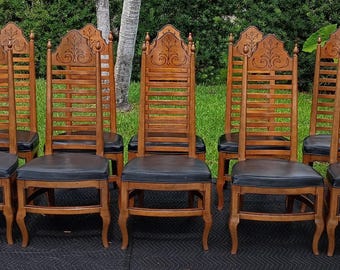 Set Of 10 70s Drexel Esperanto High Back Dining Chairs Walnut Frames Black Vinyl
