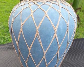 Vintage Large Blue Terracotta Wrapped In Rattan Vase Urn Vessel