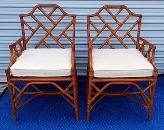 Vintage Pair Of Chinese Chippendale Bamboo Rattan Wrapped Arm Chairs Cushions