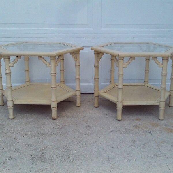 Vintage Pair Of MERSMAN Hexagon Faux Bamboo Fret Work End Tables Glass Top / No Free Shipping On This Item