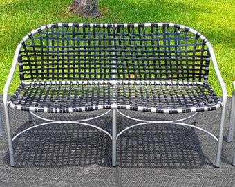 Vintage Brown Jordan Kantan Silver Aluminum Black Vinyl Settee 2 Side Tables