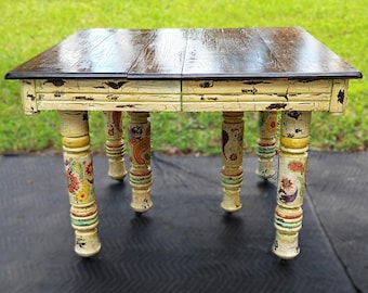 19th Century Rare Unique Eclectic Farmhouse 9 Leaf Extention 6 Leg 10' 6" Table