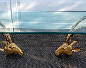 Brass Ibex Horns Rams Head Coffee Table Alain Chervet 3/4" Surfboard Glass Top