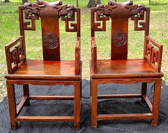 Rare Pair Antique Ming Style Chinese Qing Double Dragon Greek Key Throne Chairs