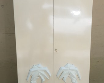 Vintage MCM Cream Freestanding Wardrobe Cabinet 3-D Palm Trees Overlay Italy