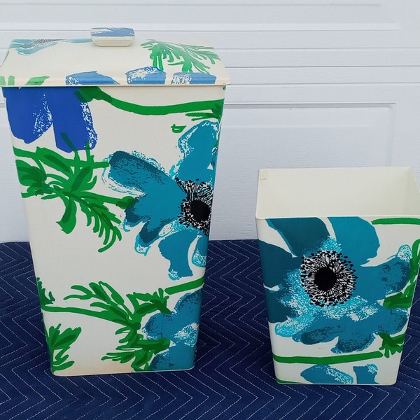 Mid Century Design By Vera Neumann Cloths Hamper Trash Can Vanity Blue Flowers