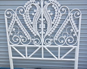 White Boho Scroll Rattan Full Size Headboard