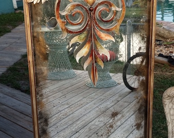 Mid Century Rare Unique Lam Lee Group Iron Frame Wall Mirror Antiqued Mirror