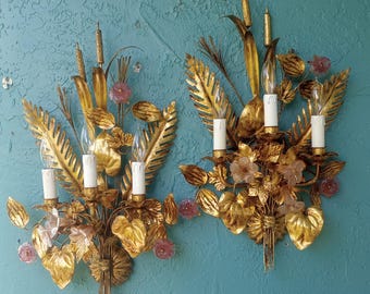 Pair Vintage S. Salvadori Gold Gilt Wall Sconces Cattails & Rare Glass Flowers