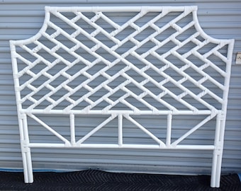 White Chinese Chippendale Rattan Queen Size Headboard
