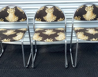 Vintage Mid Century Set Of 3 Italian Chrome Dining Chairs Pineapple Upholstery