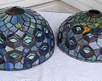 Vintage Rare Pair Tiffany Style Peacock Feather Mosaic Studio Stain Glass Shades