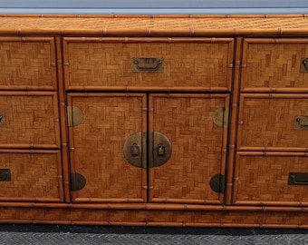 Mid Century Dixie Faux Bamboo Woven Herringbone Rattan 9 Drawer Dresser Credenza