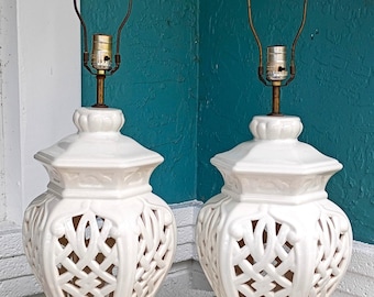 Vintage 1950s Hollywood Regency Reticulated White Glazed Ceramic Table Lamps.
