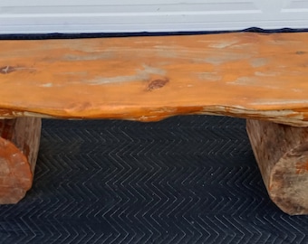 Vintage Mid Century Hand Made Carved Natural Log Bench