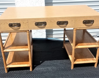 Vintage Mid Century Leather Wrap Bamboo & Laminate Desk