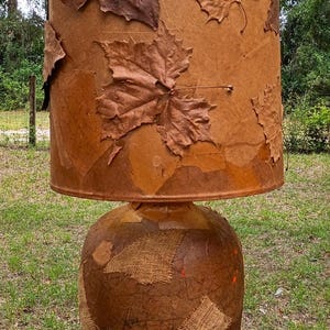 Vintage Hand Made Table Lamp Burlap Patches Large Dried Maple Leaves