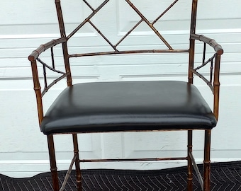 Vintage Chinese Chippendale Fretwork Gold Gilt Faux Bamboo Metal Arm Chair