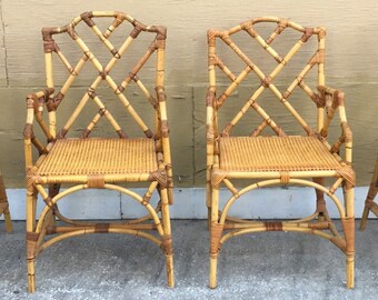 4 Vintage Italian Chinese Chippendale Bamboo Rattan Cane Seat Arm Chairs