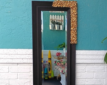Vintage Gold Nugget Embosed Black Wood Frame Wall Mirror